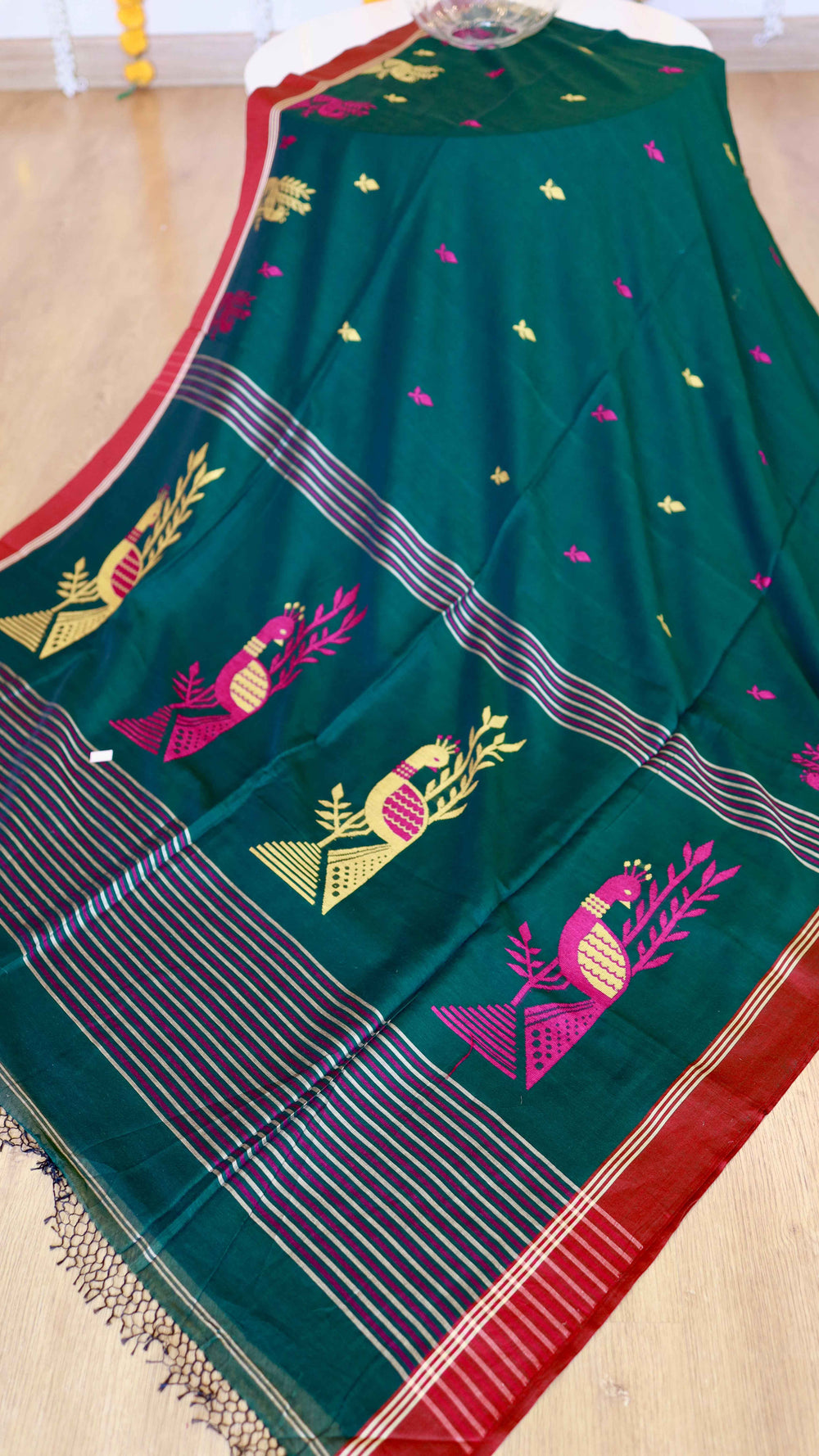 Bottle Green Handwoven Khadi Cotton Saree with Traditional Peacock Jamdani Weave (Includes Blouse Piece)