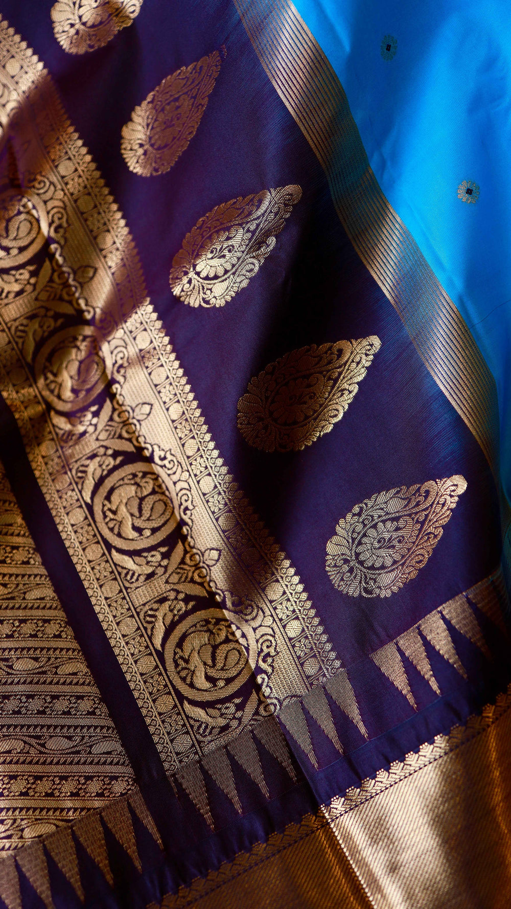 Sky Blue Semi Gadwal Saree with Deep Purple Zari Border and Running Blouse Piece