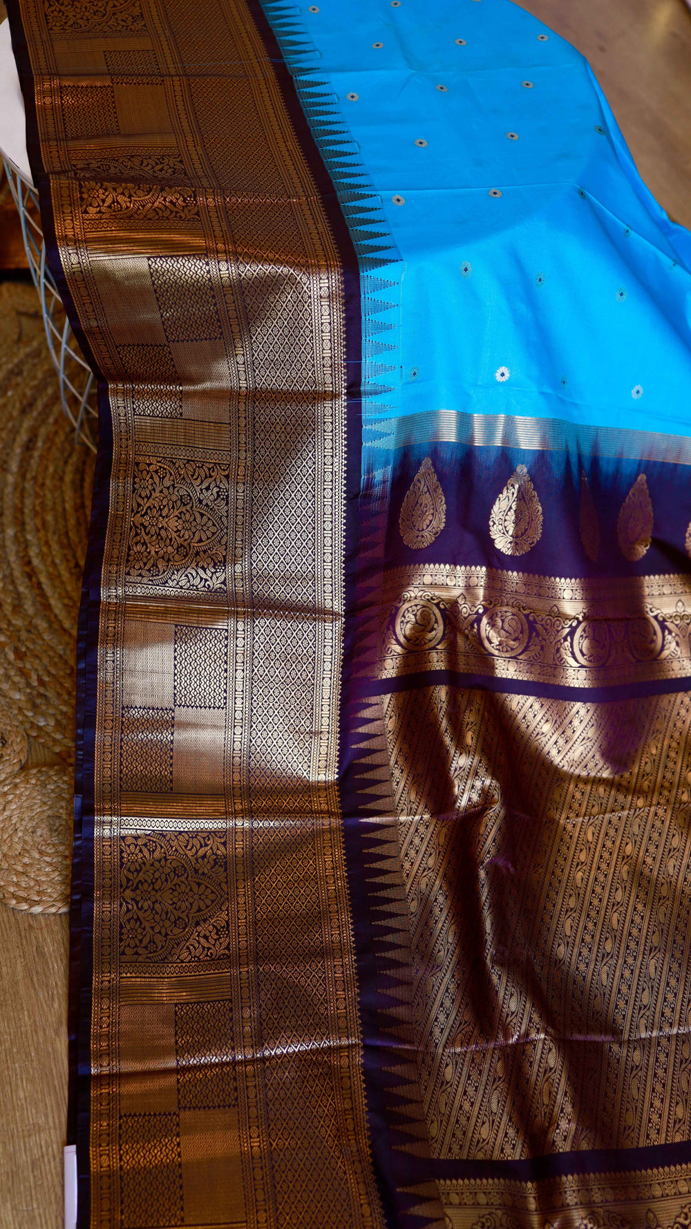 Sky Blue Semi Gadwal Saree with Deep Purple Zari Border and Running Blouse Piece