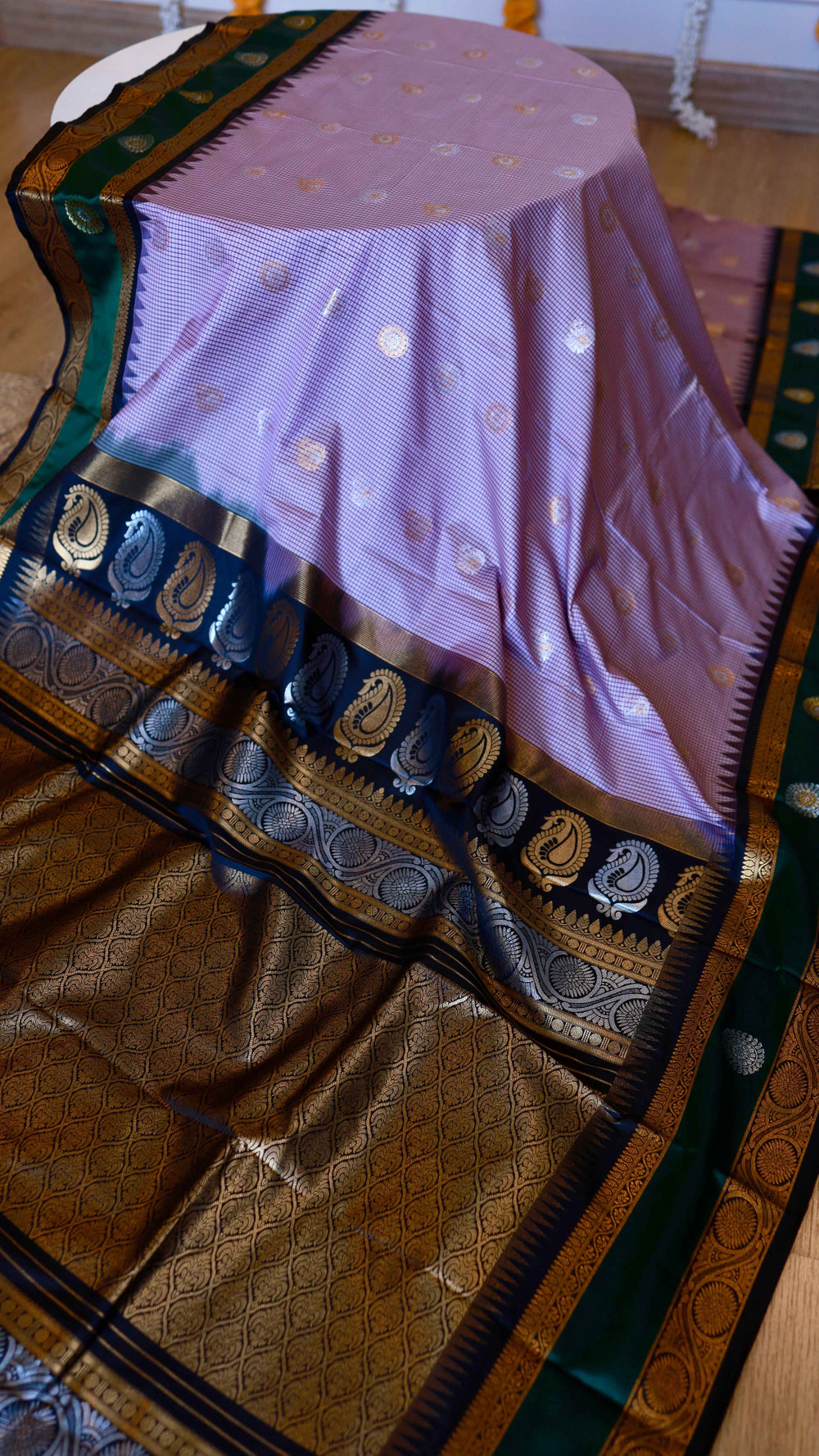 Lilac Checks Semi Gadwal Saree with Navy Blue & Emerald Green Zari Border
