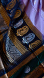 Lilac Checks Semi Gadwal Saree with Navy Blue & Emerald Green Zari Border