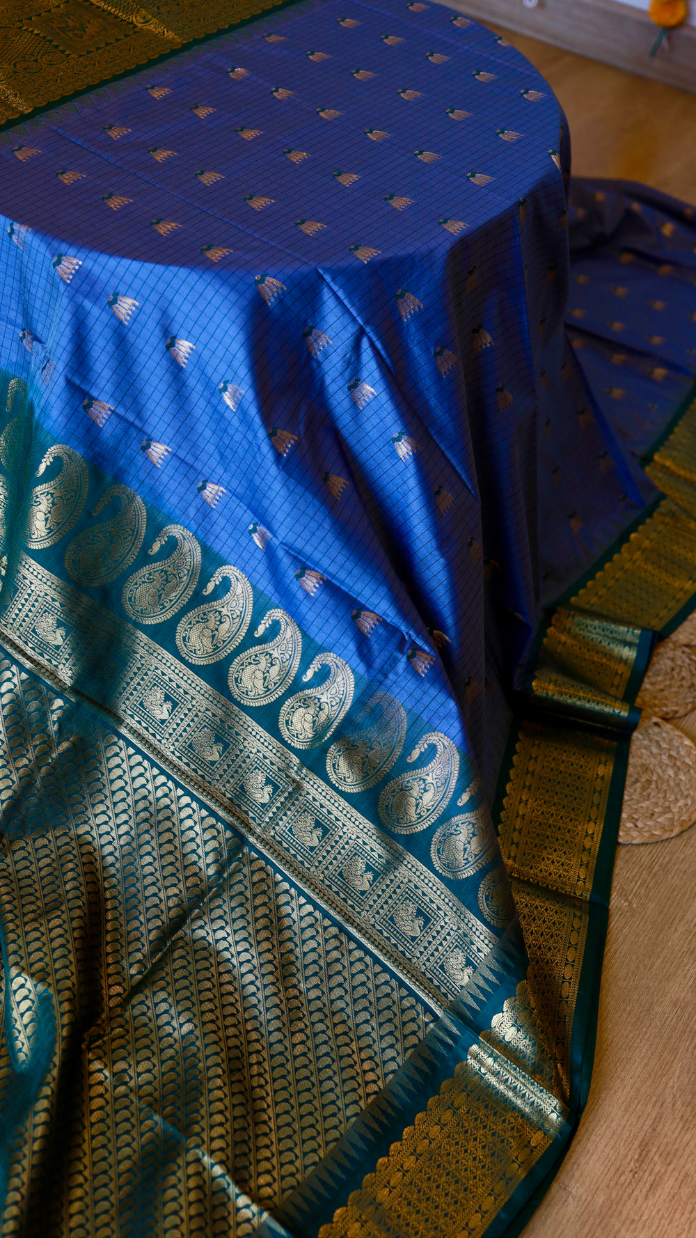 Full drape view of Royal Blue Semi Gadwal Saree on display showcasing the complete contrast pallu and body weave.