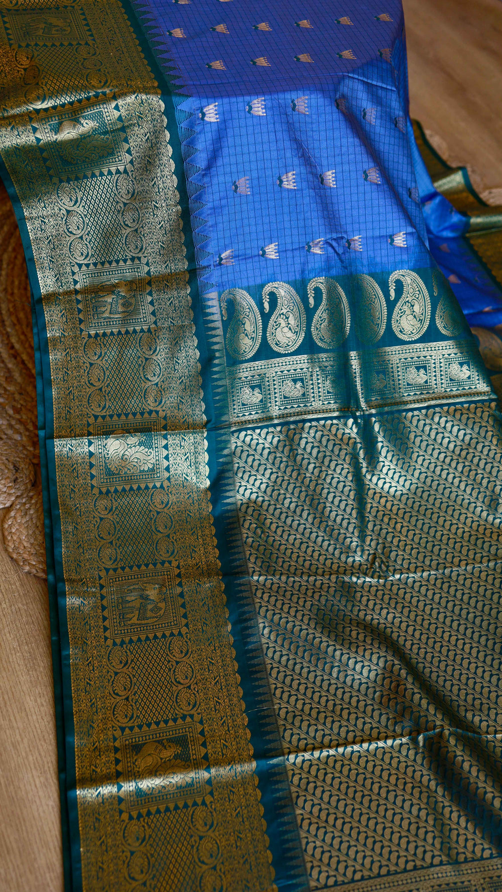 Royal Blue and Peacock Green Semi Gadwal Silk Saree with Zari Mango Motif Border & Blouse Piece