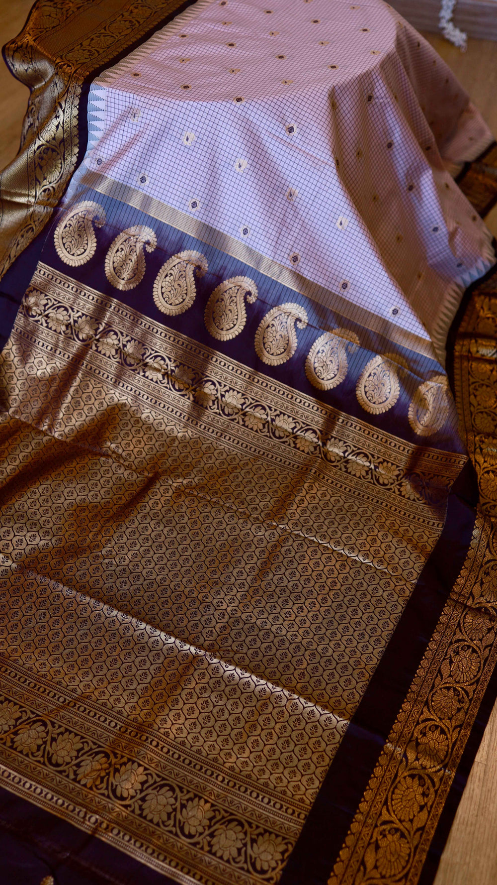 Lilac and Deep Purple Semi Gadwal Silk Saree with Checked Body & Zari Pallu