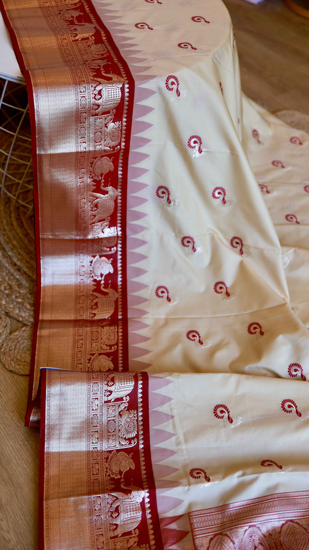 Off-White and Crimson Red Semi Gadwal Silk Saree with zari Temple Border and Elephant Motifs