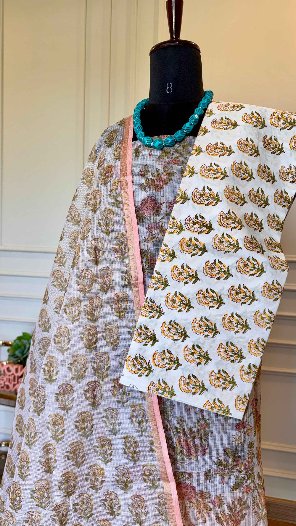 The Whispering Blooms: Hand-Block Kota Doria Cotton Suit