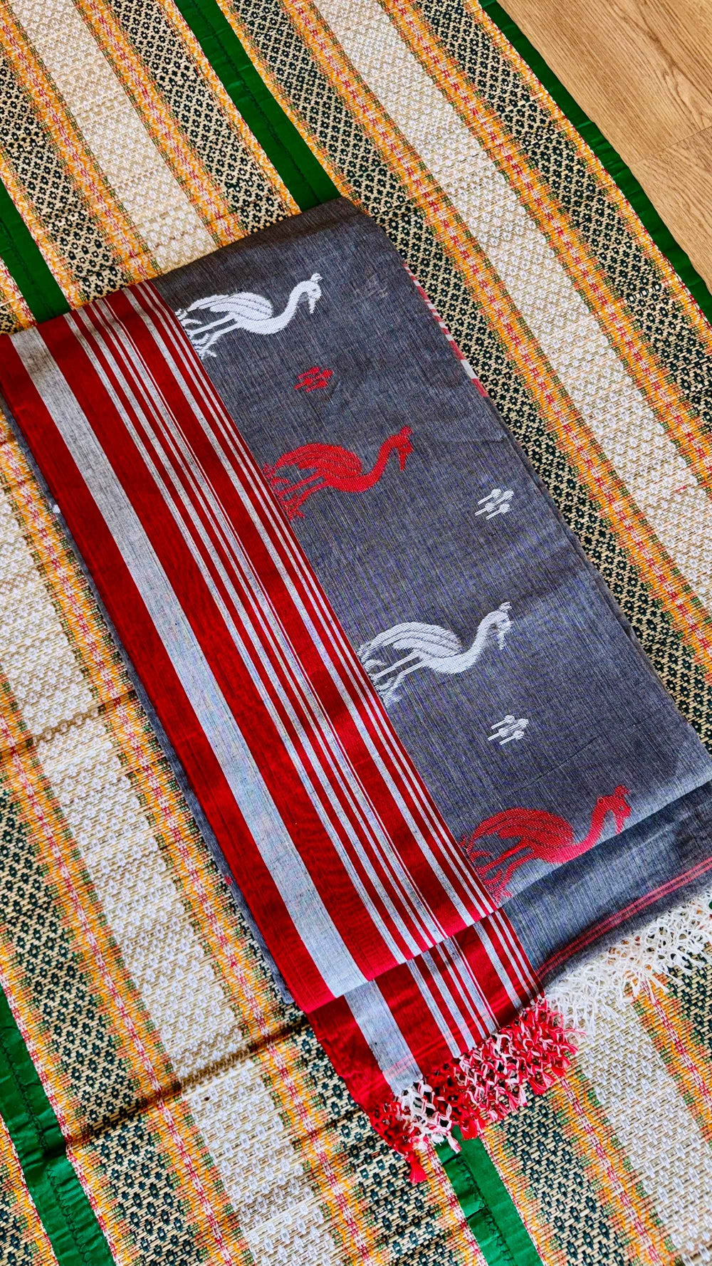 Crimson Heron: Hand-Woven Charcoal Grey Bengal Khadi Jamdani