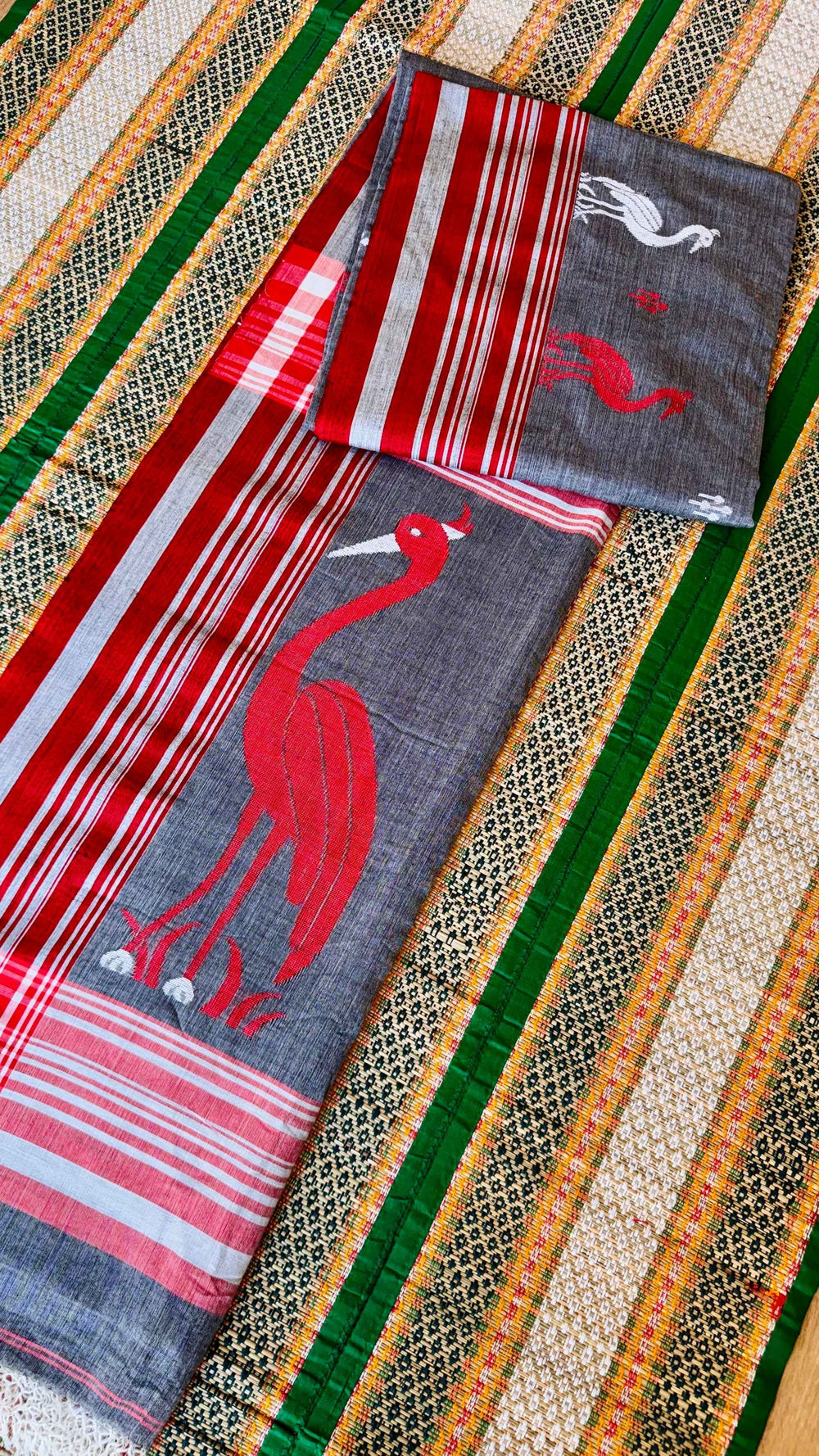 Crimson Heron: Hand-Woven Charcoal Grey Bengal Khadi Jamdani