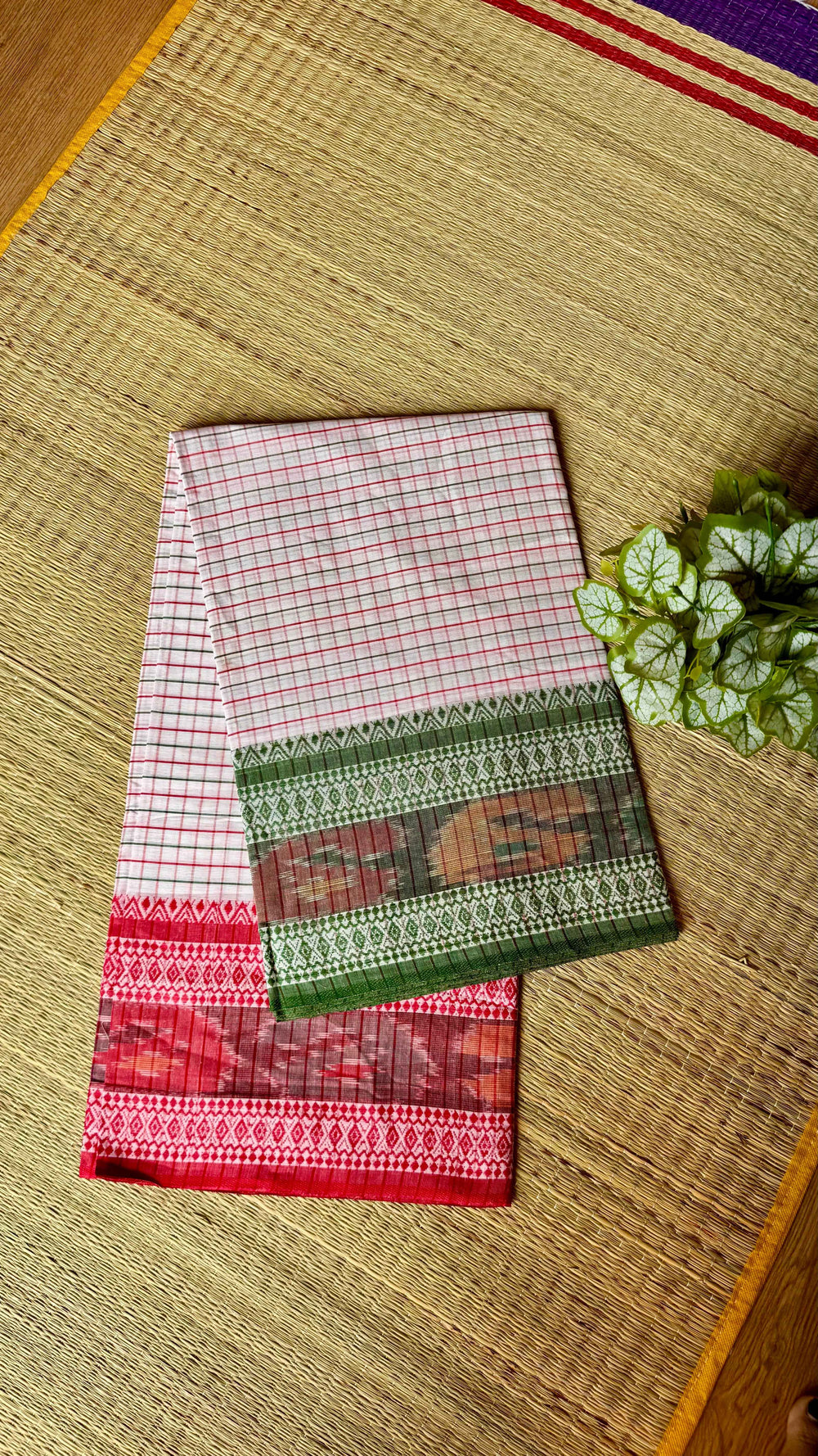 Authentic White Handloom Cotton Saree with Red & Green Ganga Jamuna Border