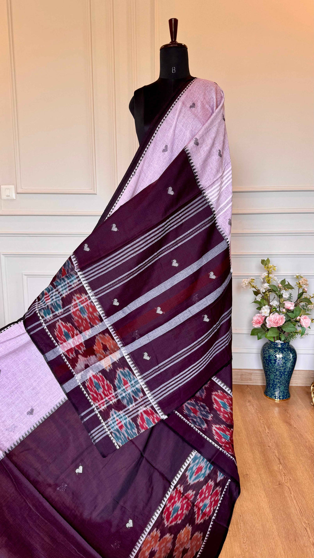 Lavender & Plum Half n Half Dhonekhali Handloom Cotton Saree with Ikkat Border