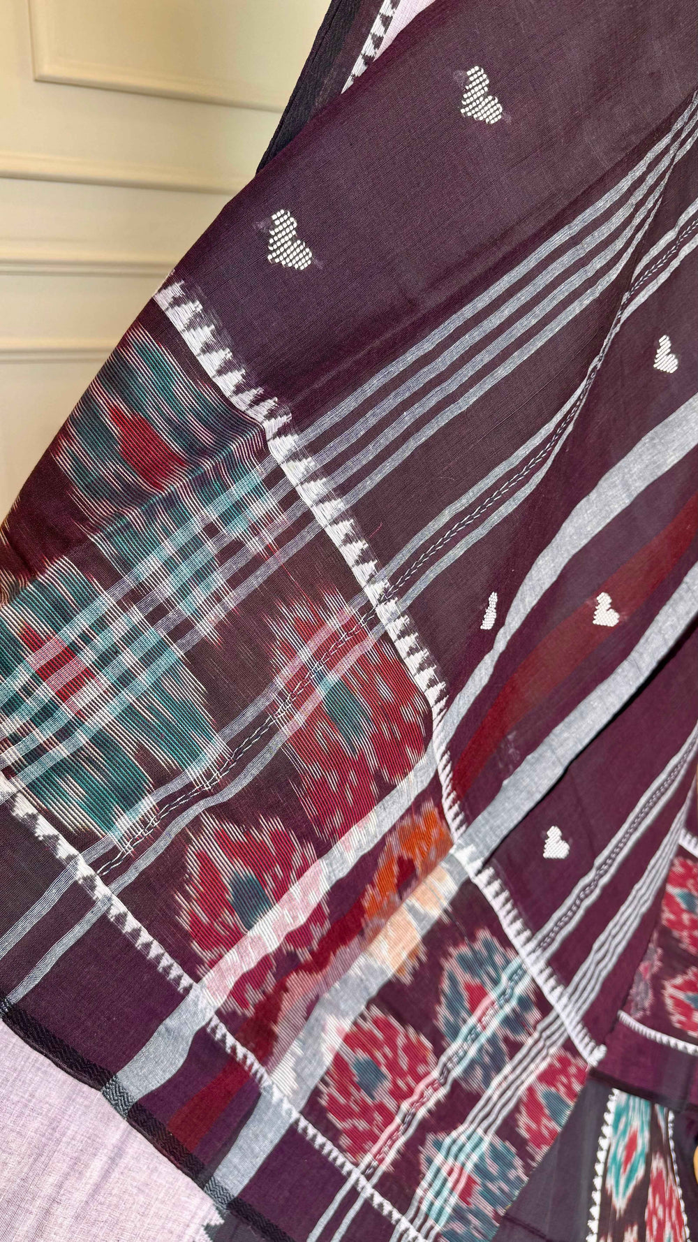 Lavender & Plum Half n Half Dhonekhali Handloom Cotton Saree with Ikkat Border