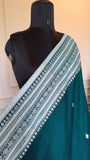 Deep Emerald Handloom Cotton Saree with Intricate White Thread Work