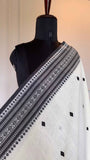 Handloom Cotton Saree with Black Geometric Thread Work – Cream | TITAFU