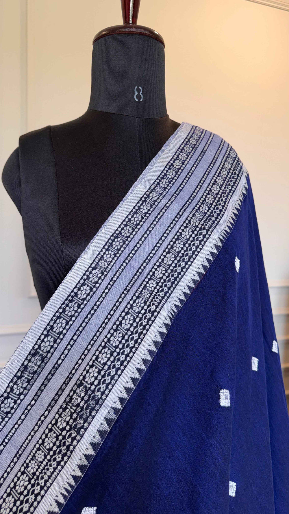 Indigo Handloom Cotton Saree with Traditional White Thread Work