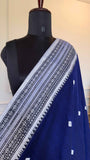 Indigo Handloom Cotton Saree with Traditional White Thread Work
