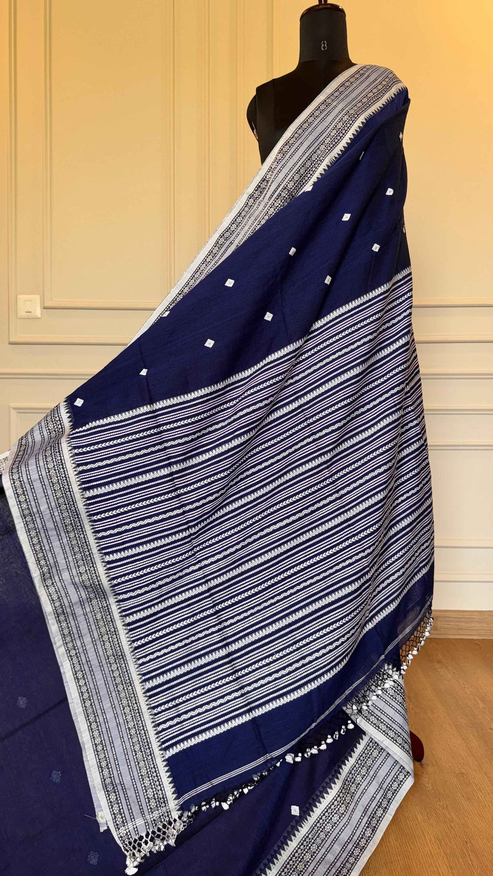 Indigo Handloom Cotton Saree with Traditional White Thread Work