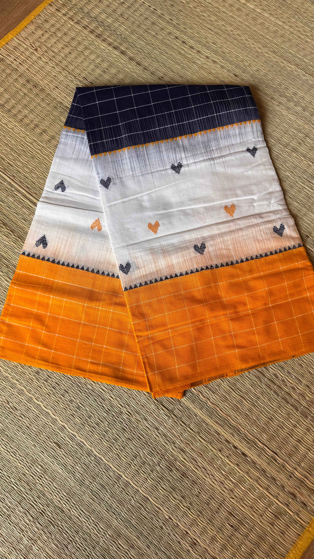 White and Navy Dhonekhali Handloom Cotton Saree with Mustard Accents