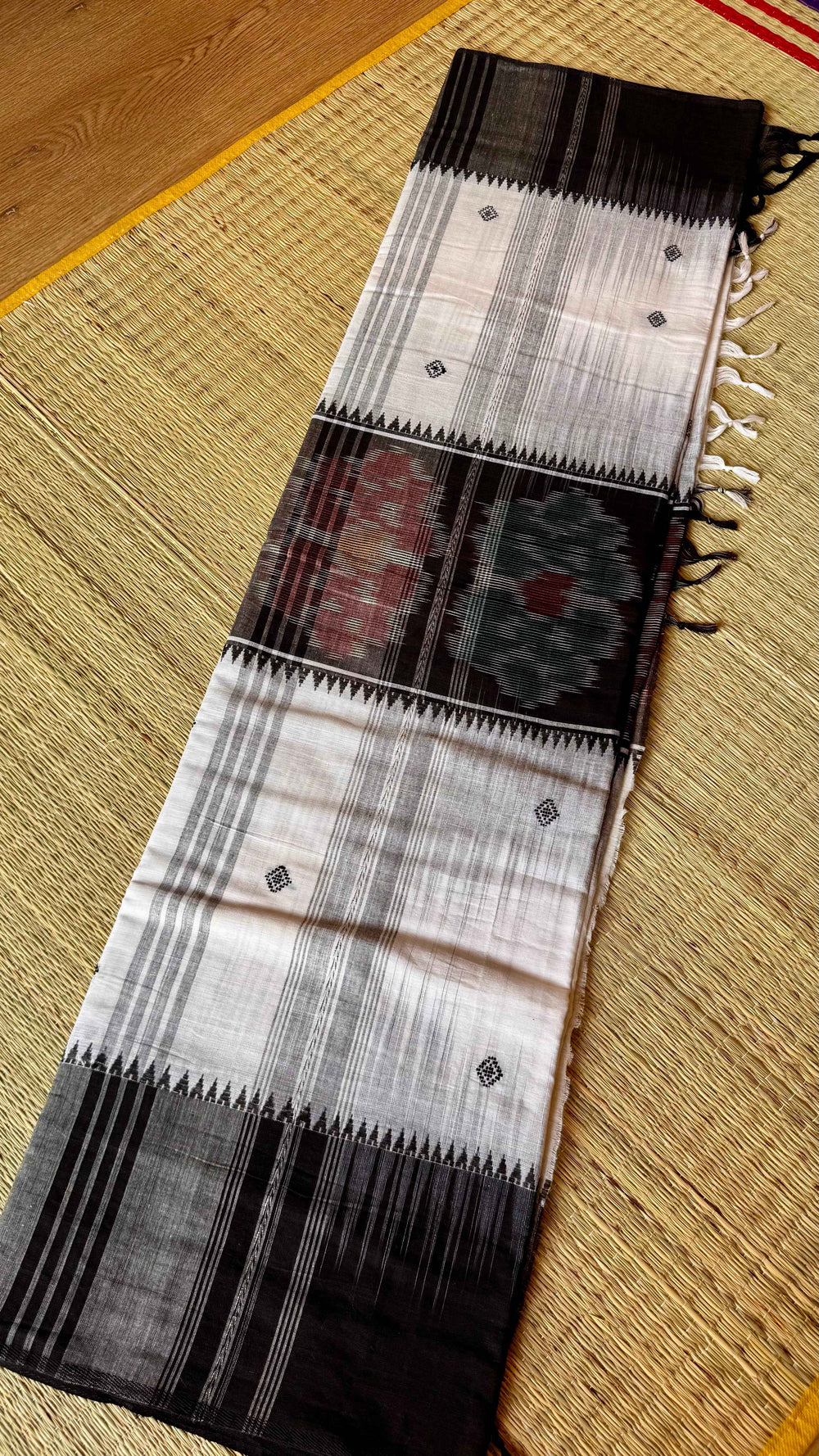 Dhonekhali Handloom Cotton Saree in Monochromatic Ikkat Print - TITAFU