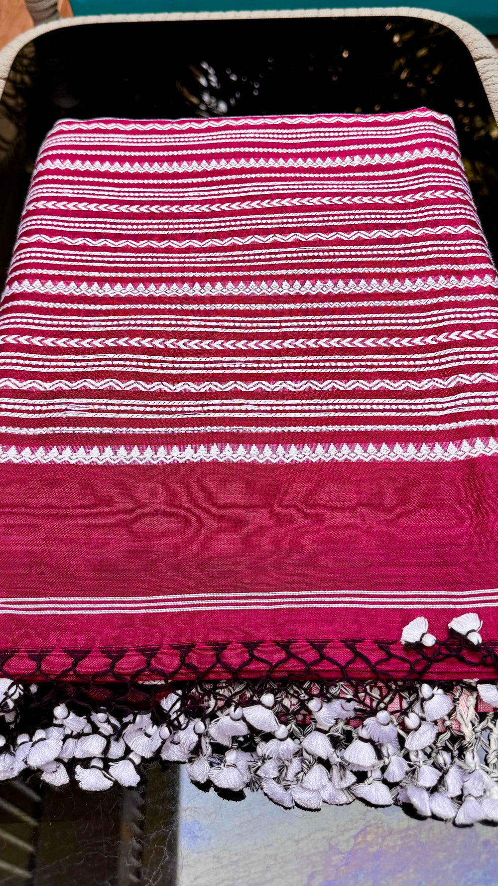 Handloom Cotton Saree with Thread Work in Deep Magenta/Wine | TITAFU
