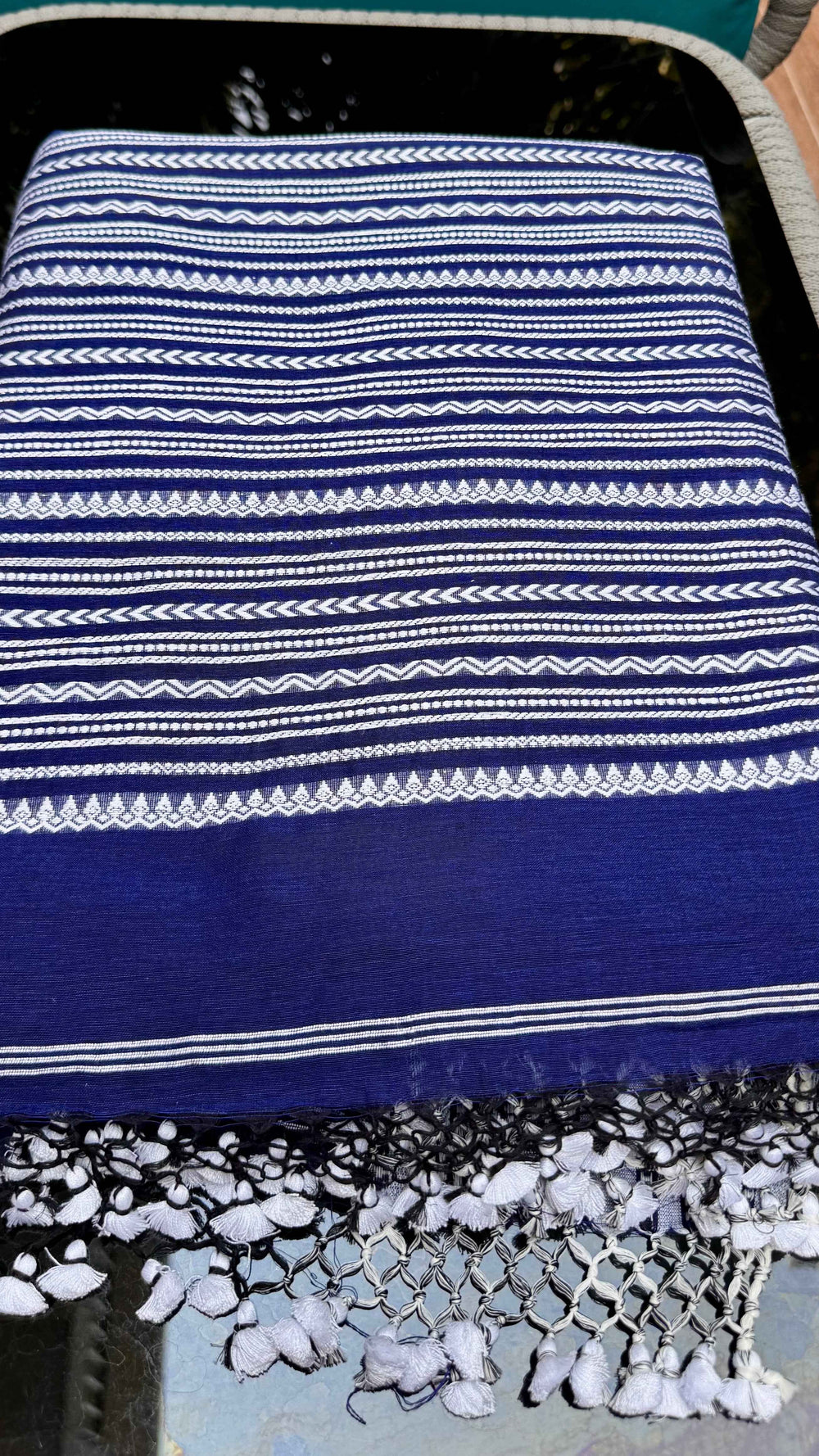 Indigo Handloom Cotton Saree with Traditional White Thread Work