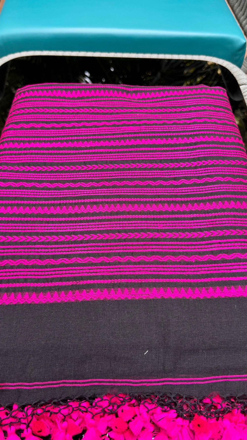 Jet Black Handloom Cotton Saree with Rani Pink Naga-Inspired Thread Work