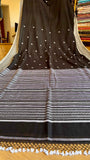Black Handloom Cotton Saree with Intricate White Thread Work | TITAFU