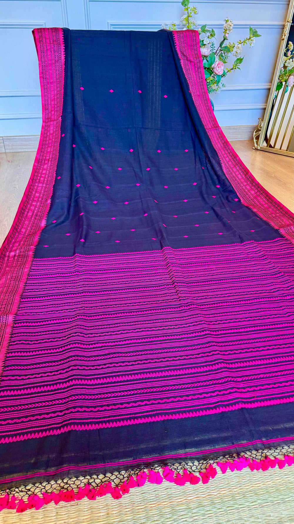 Jet Black Handloom Cotton Saree with Rani Pink Naga-Inspired Thread Work