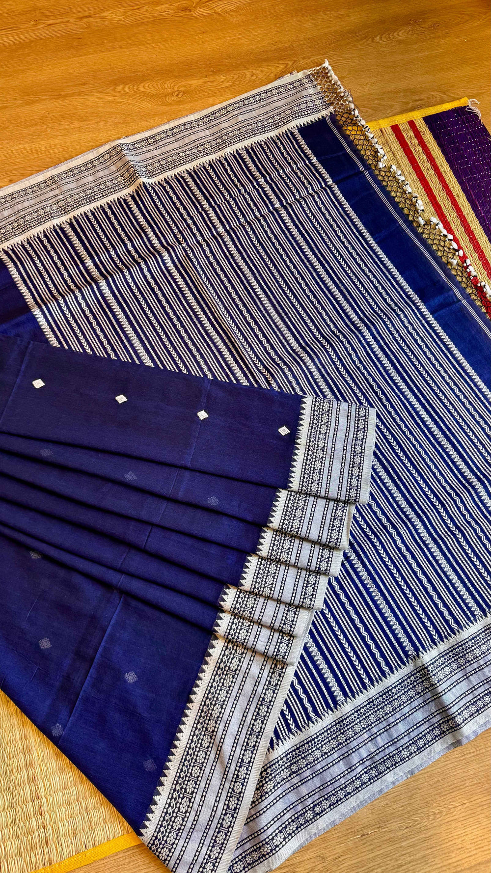Indigo Handloom Cotton Saree with Traditional White Thread Work