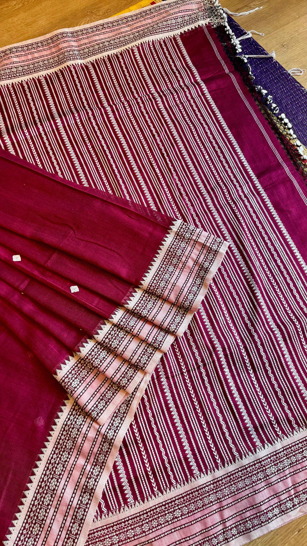 Handloom Cotton Saree with Thread Work in Deep Magenta/Wine | TITAFU