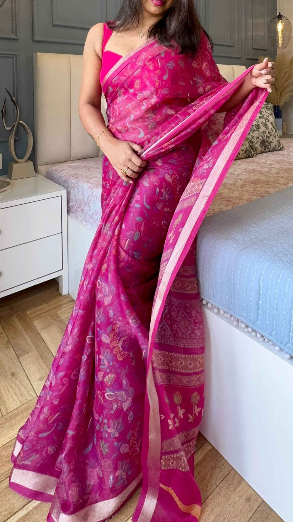 Jacquard Organza Saree in Rani Pink with Floral Motifs