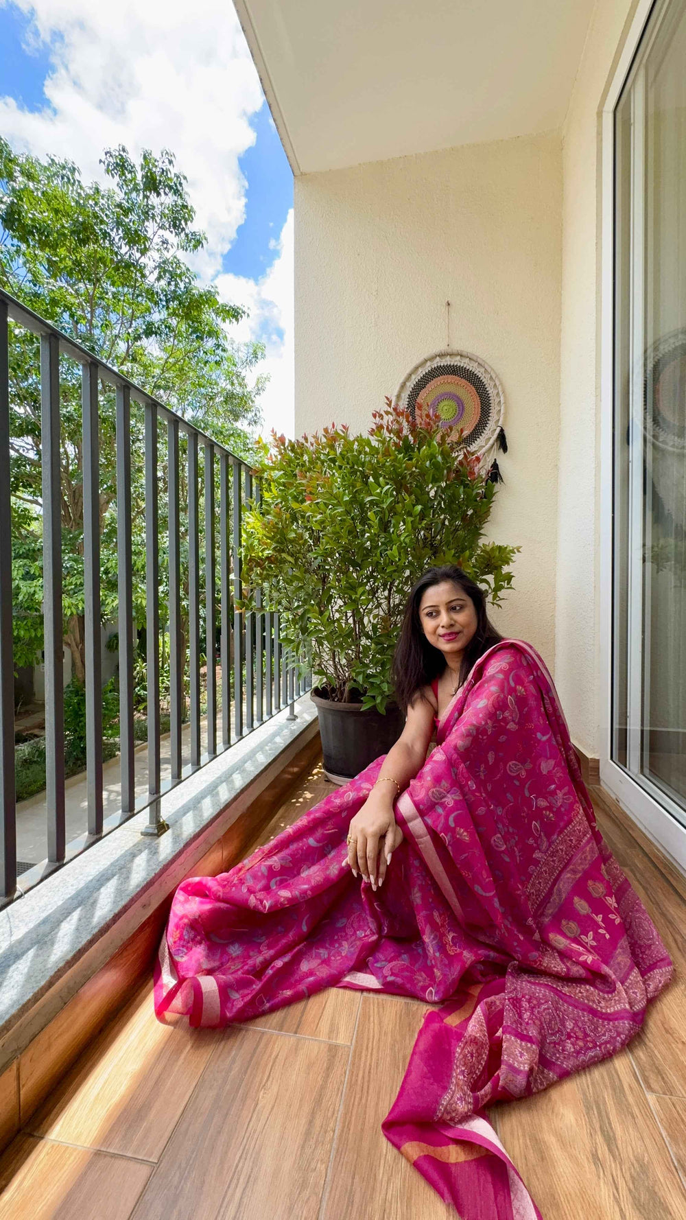 Jacquard Organza Saree in Rani Pink with Floral Motifs