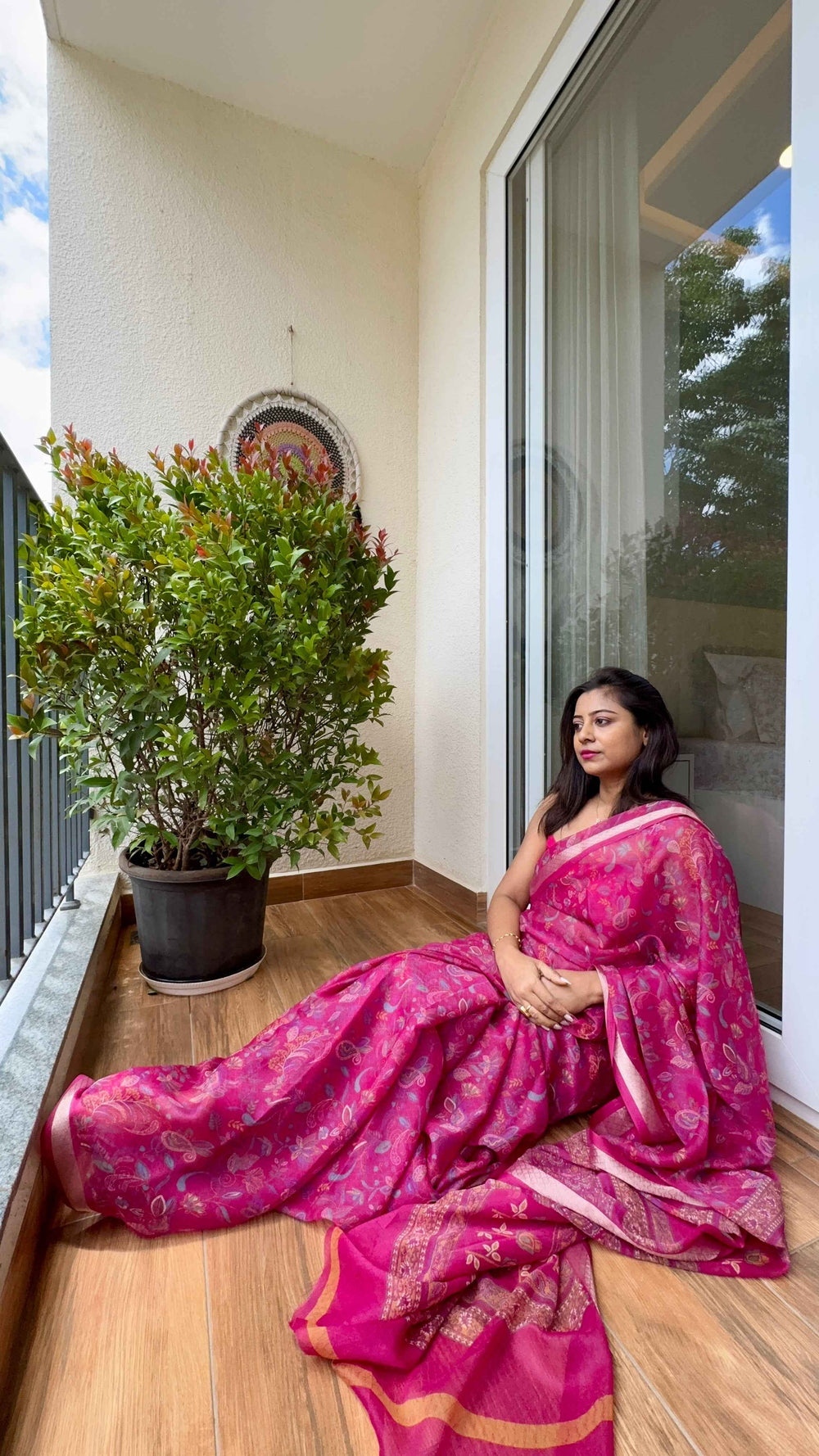 Jacquard Organza Saree in Rani Pink with Floral Motifs
