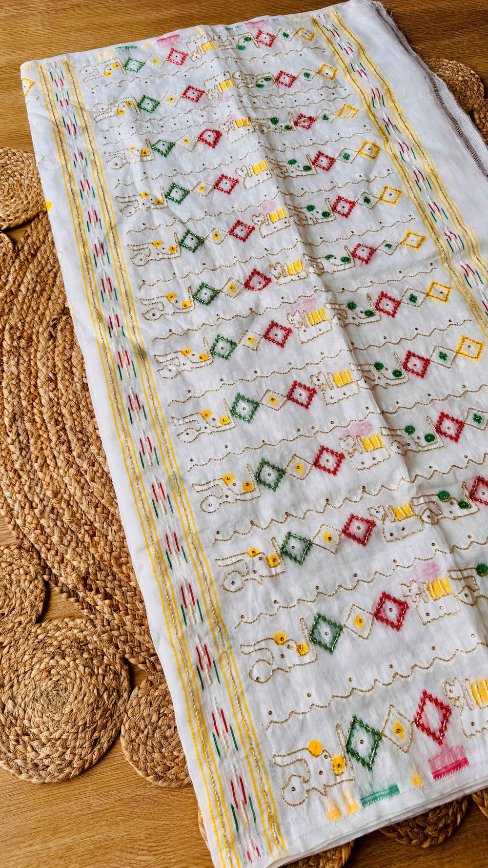 Off-White Kardana Jamdani Saree with Multicolor Geometric & Elephant Hand Embroidery