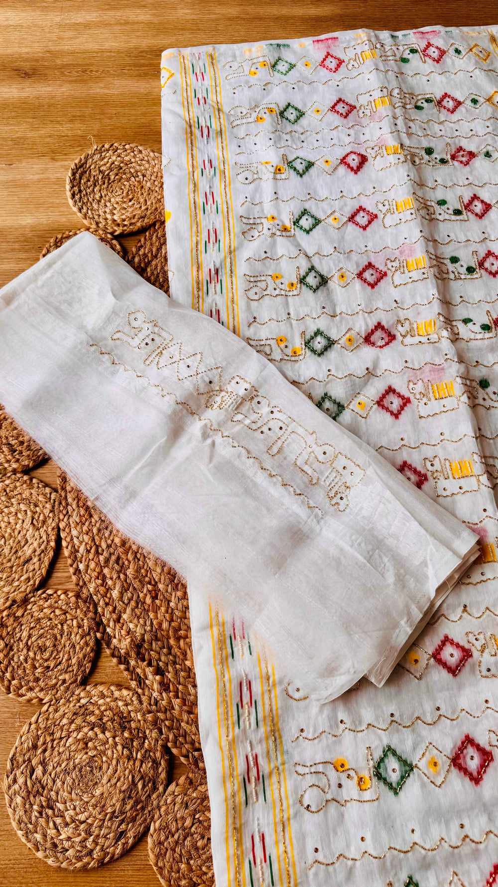 Off-White Kardana Jamdani Saree with Multicolor Geometric & Elephant Hand Embroidery