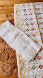 Off-White Kardana Jamdani Saree with Multicolor Geometric & Elephant Hand Embroidery