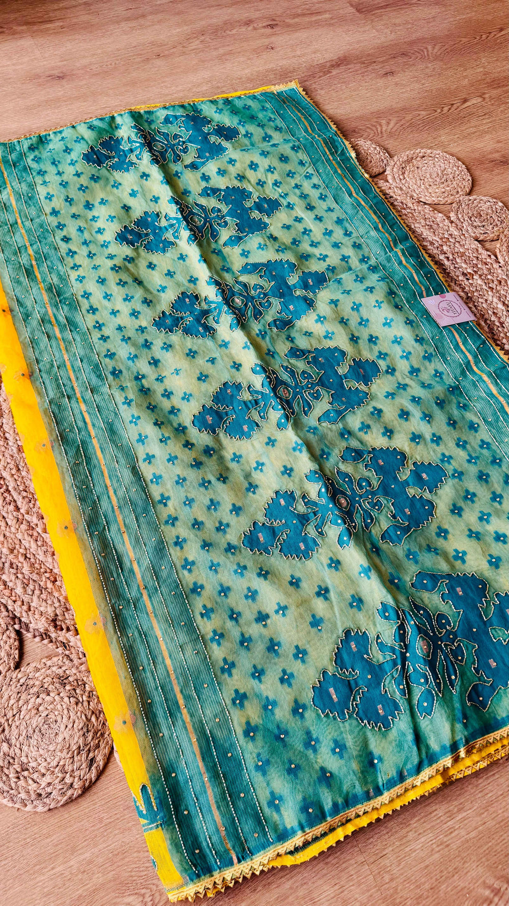 Teal & Sunshine Yellow Kardana Jamdani Saree with Hand-Embroidered Blouse Piece