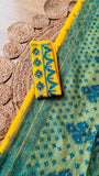 Teal & Sunshine Yellow Kardana Jamdani Saree with Hand-Embroidered Blouse Piece