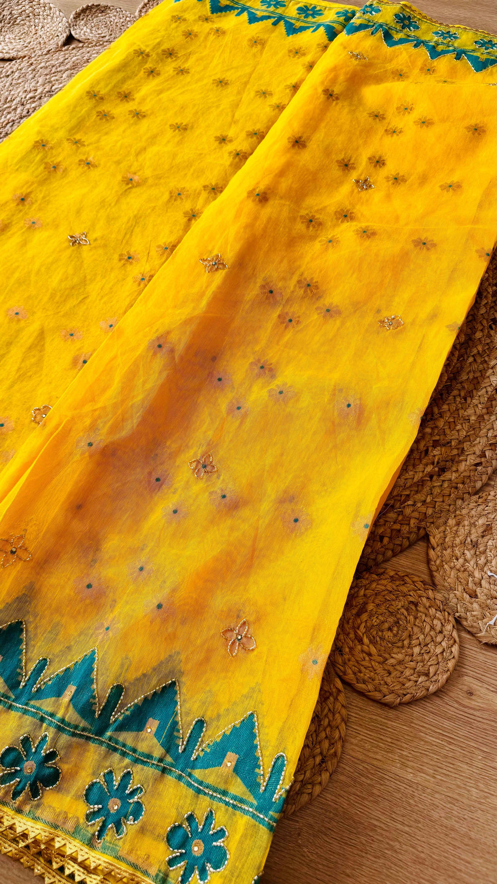 Teal & Sunshine Yellow Kardana Jamdani Saree with Hand-Embroidered Blouse Piece