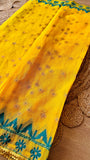 Teal & Sunshine Yellow Kardana Jamdani Saree with Hand-Embroidered Blouse Piece