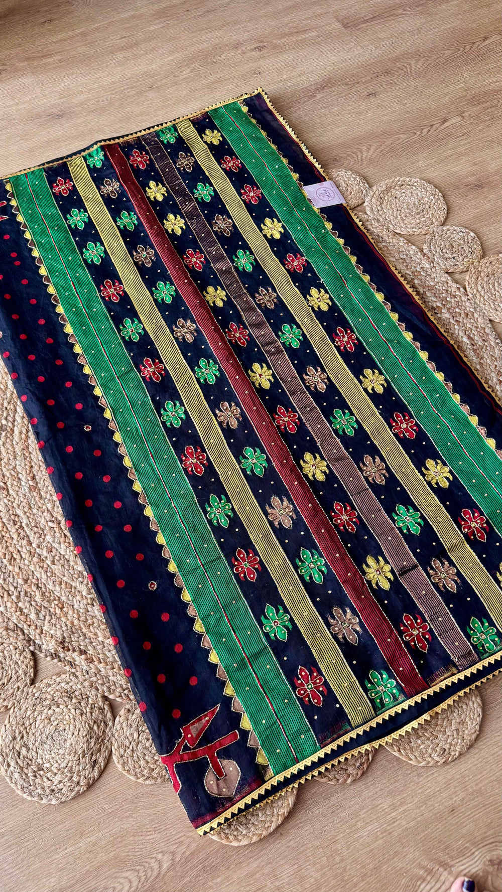 Midnight Black Kardana Jamdani Saree with Crimson Polka Dots & Multicolor Pallu
