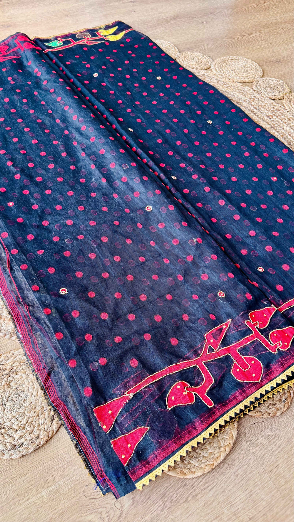 Midnight Black Kardana Jamdani Saree with Crimson Polka Dots & Multicolor Pallu