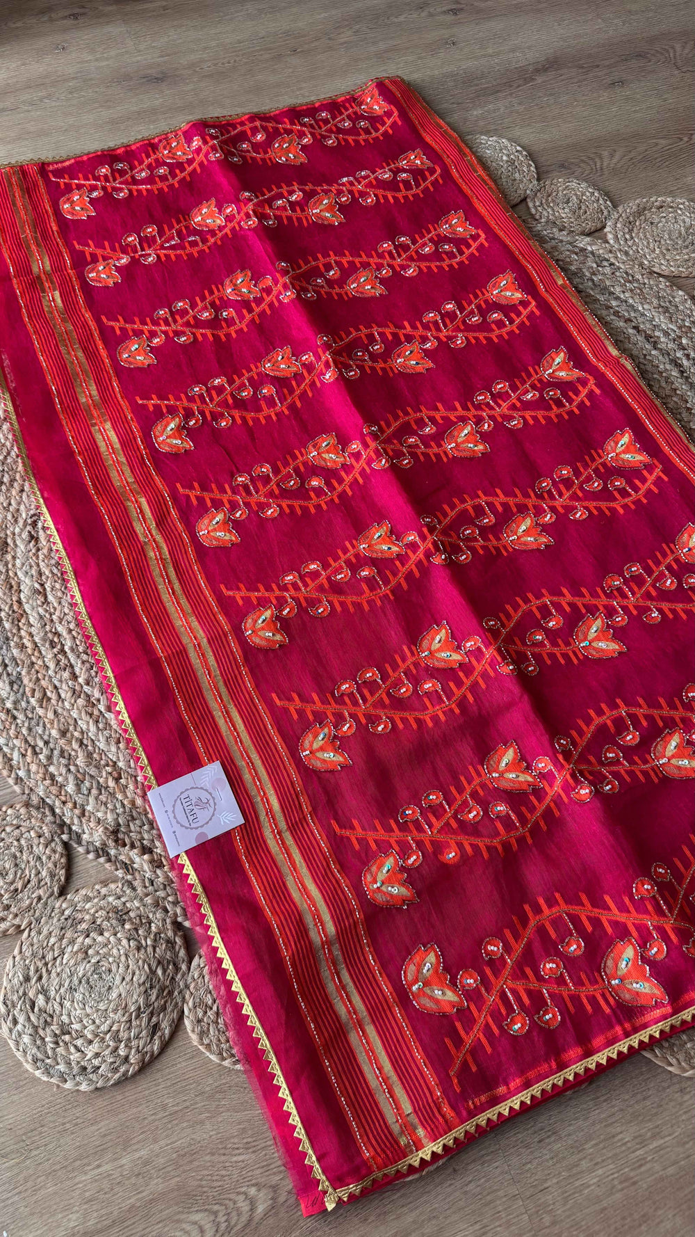 Rani Pink Handcrafted Kardana Jamdani Saree with Matching Blouse Piece