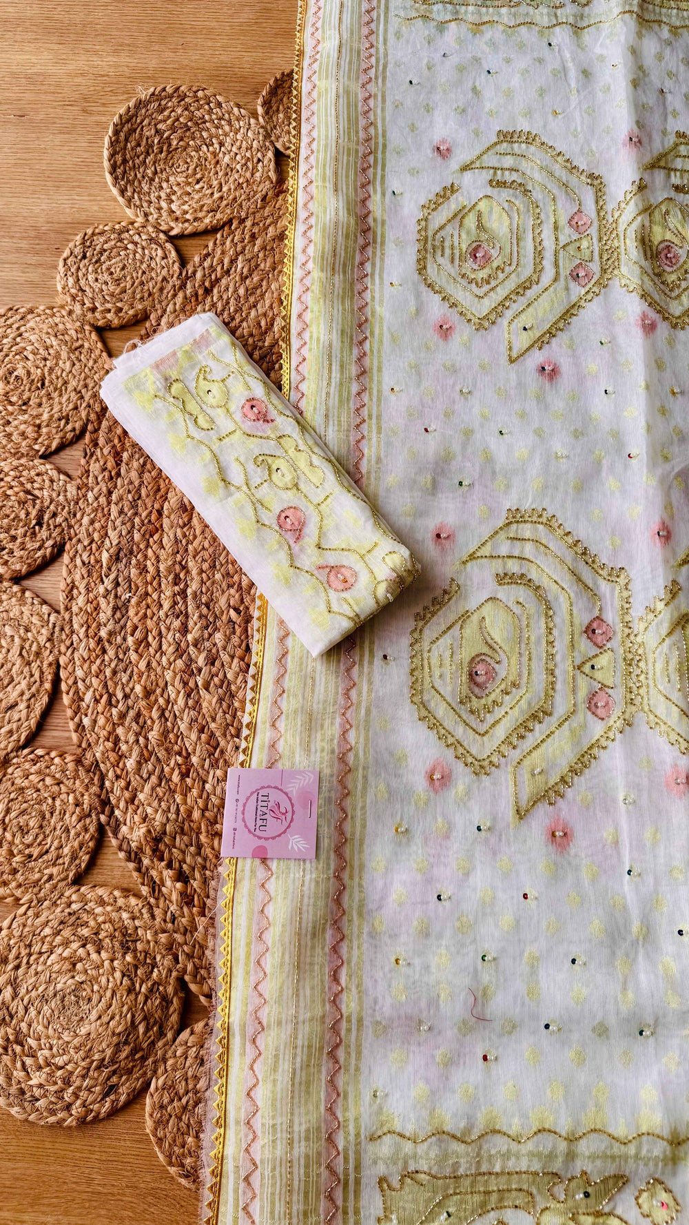 Off-White Kardana Jamdani Saree with Pastels and Handcrafted Beadwork