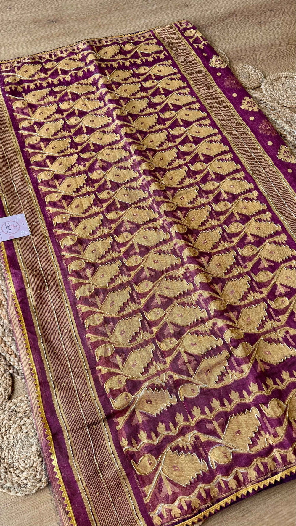 Deep Wine Purple Kardana Jamdani Saree with Gold Zari & Cut-Pipe Work