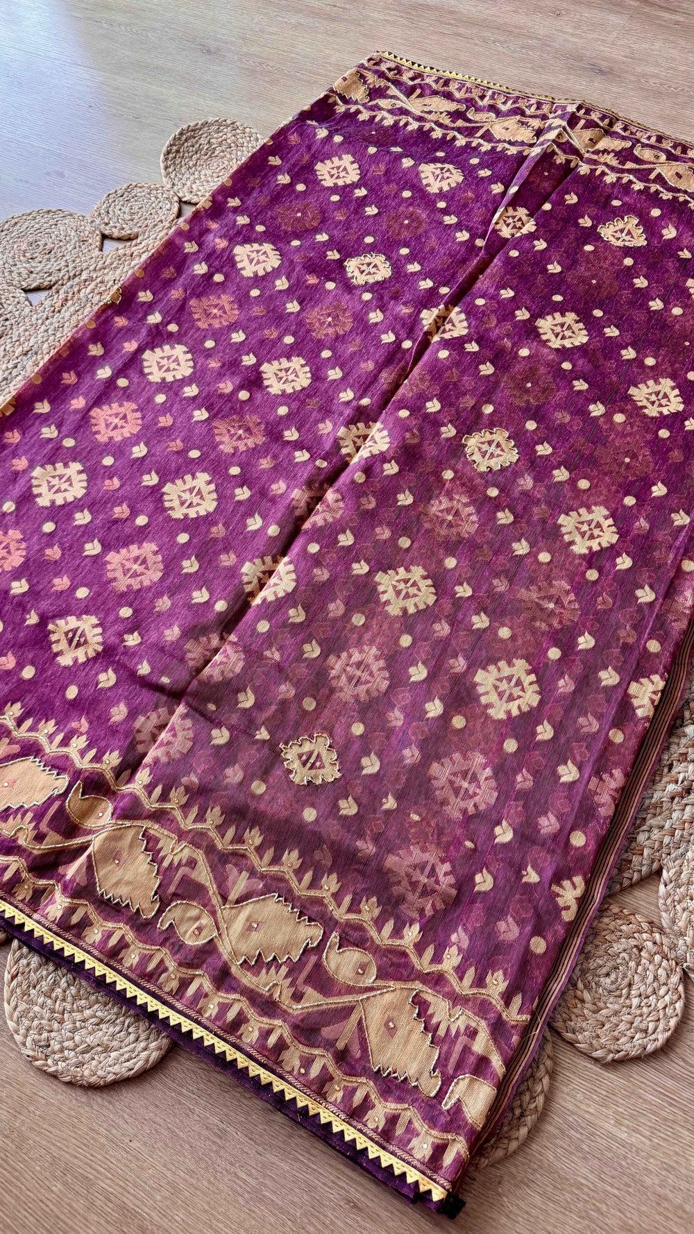 Deep Wine Purple Kardana Jamdani Saree with Gold Zari & Cut-Pipe Work