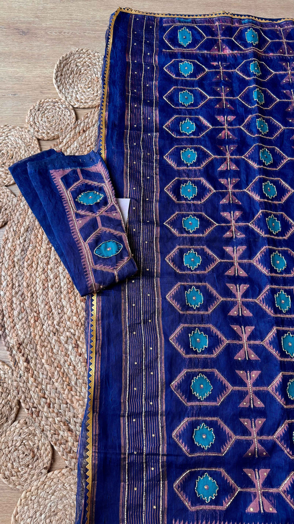 Royal Blue Handcrafted Kardana Jamdani Saree with Blouse Piece