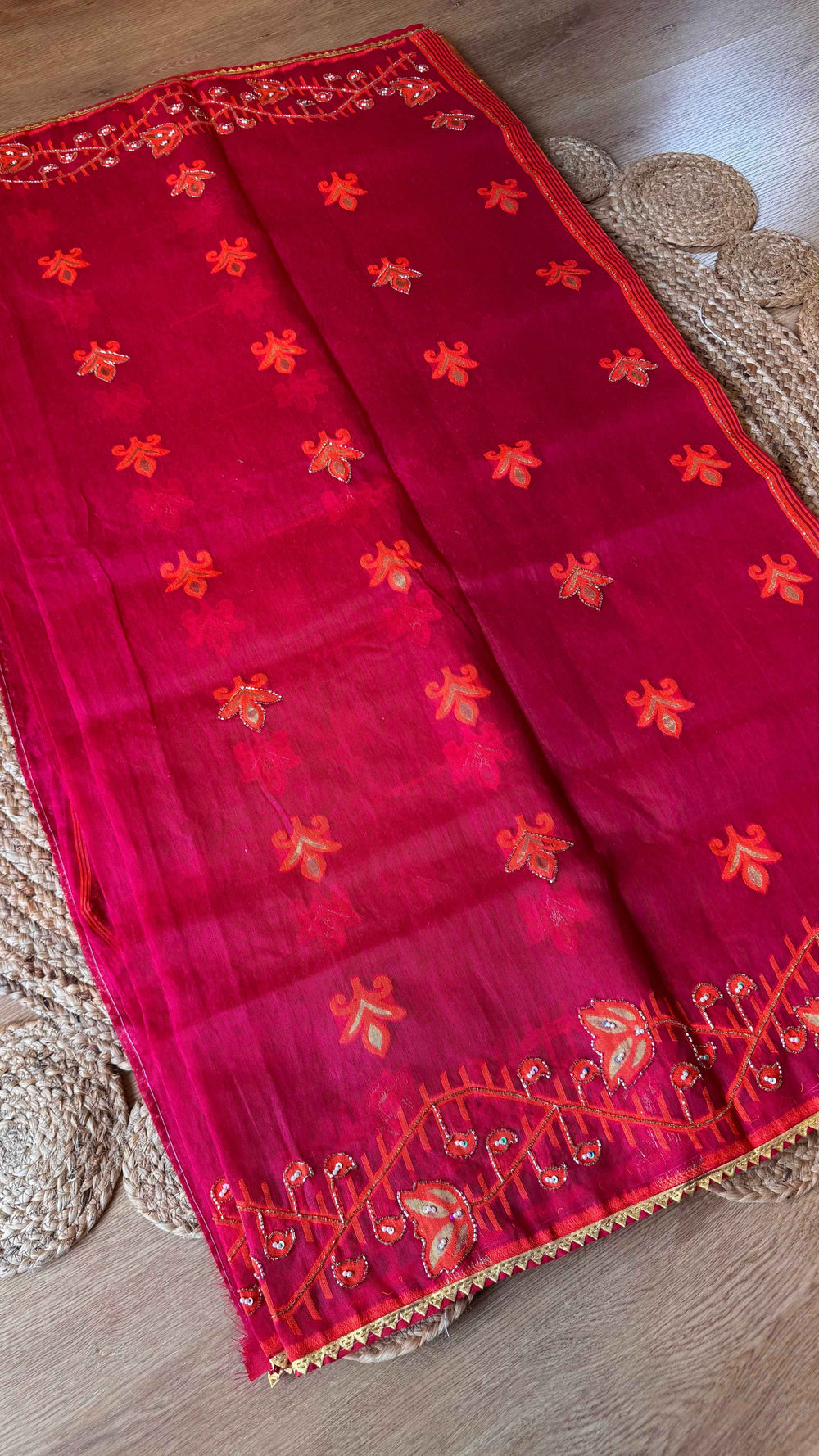 Rani Pink Handcrafted Kardana Jamdani Saree with Matching Blouse Piece