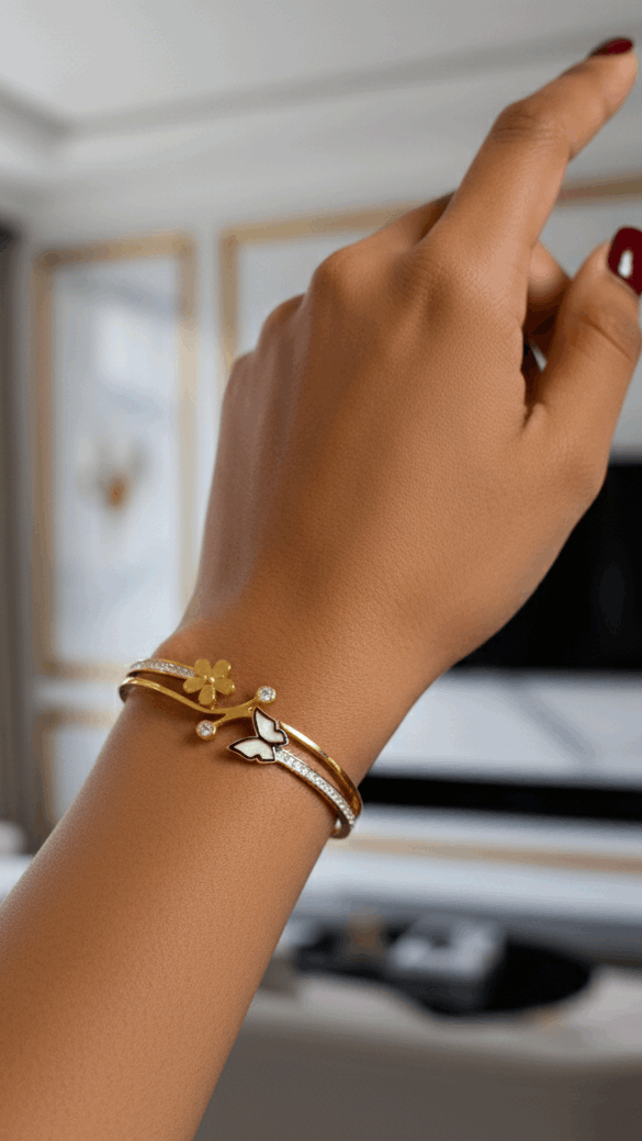 Gold Plated Flower & Butterfly Cuff Bracelet | Crystal Embellished Bracelet