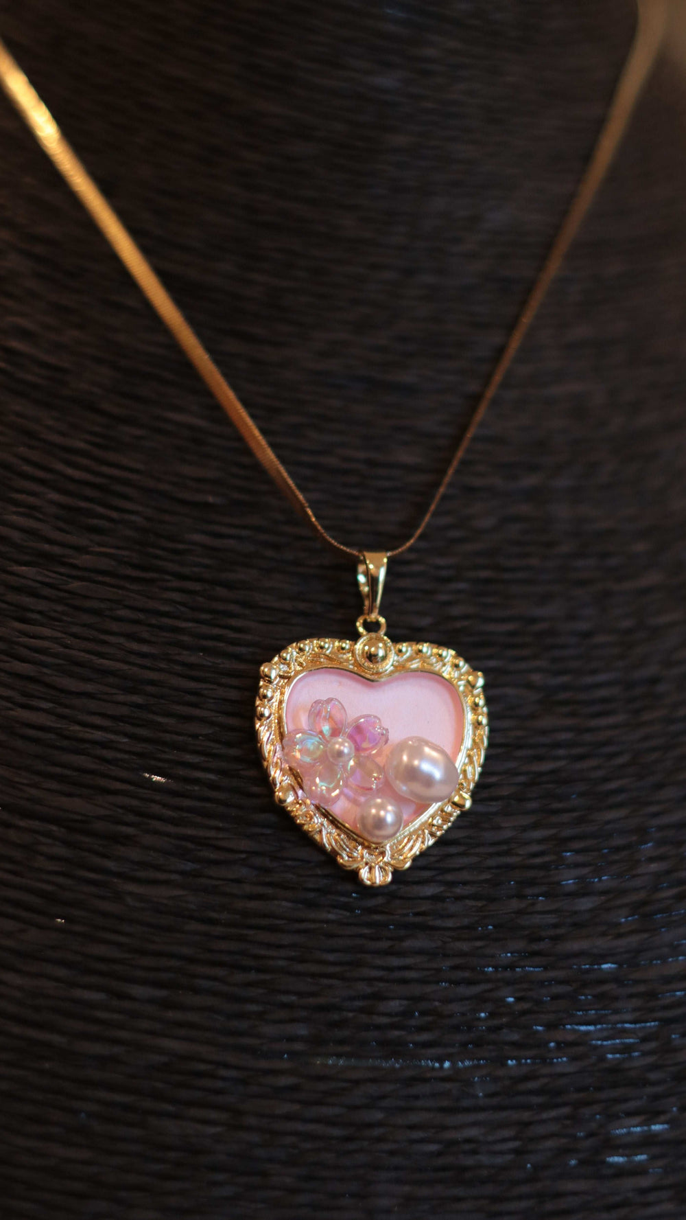 Romantic Gold Necklace with Pink Pearl Heart Charm - Occean By Soumali