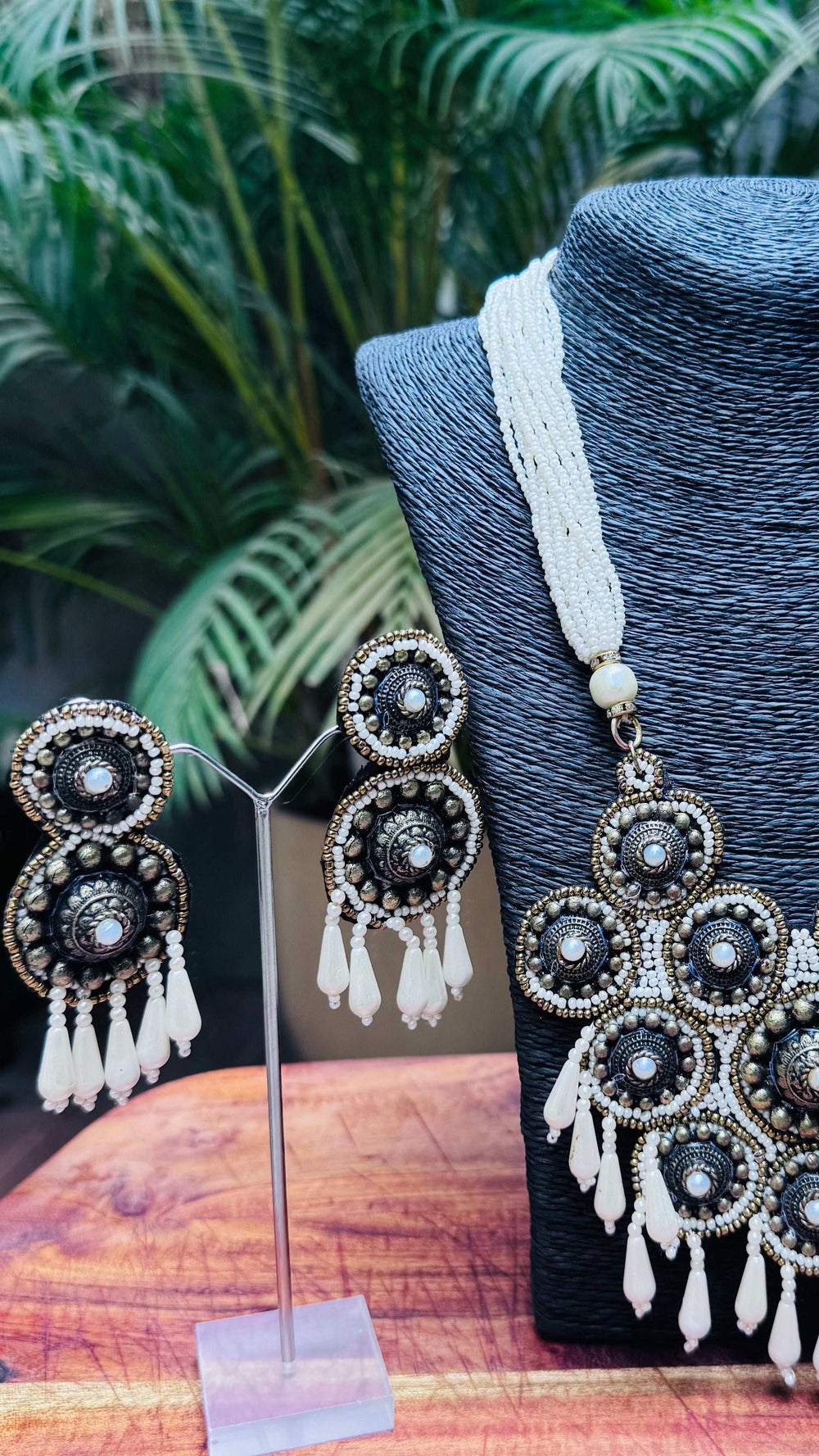 Statement Necklace and Long Earring Set with White & Bronze Beads - Occean By Soumali